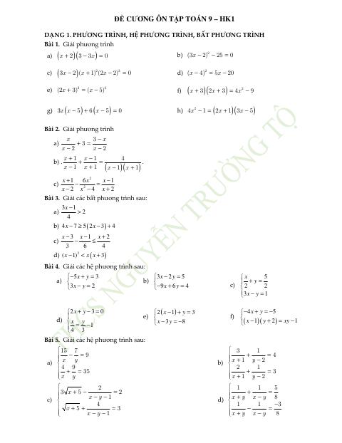 Đề cương học kỳ 1 Toán 9 năm 2024 – 2025 trường THCS Nguyễn Trường Tộ – Hà Nội